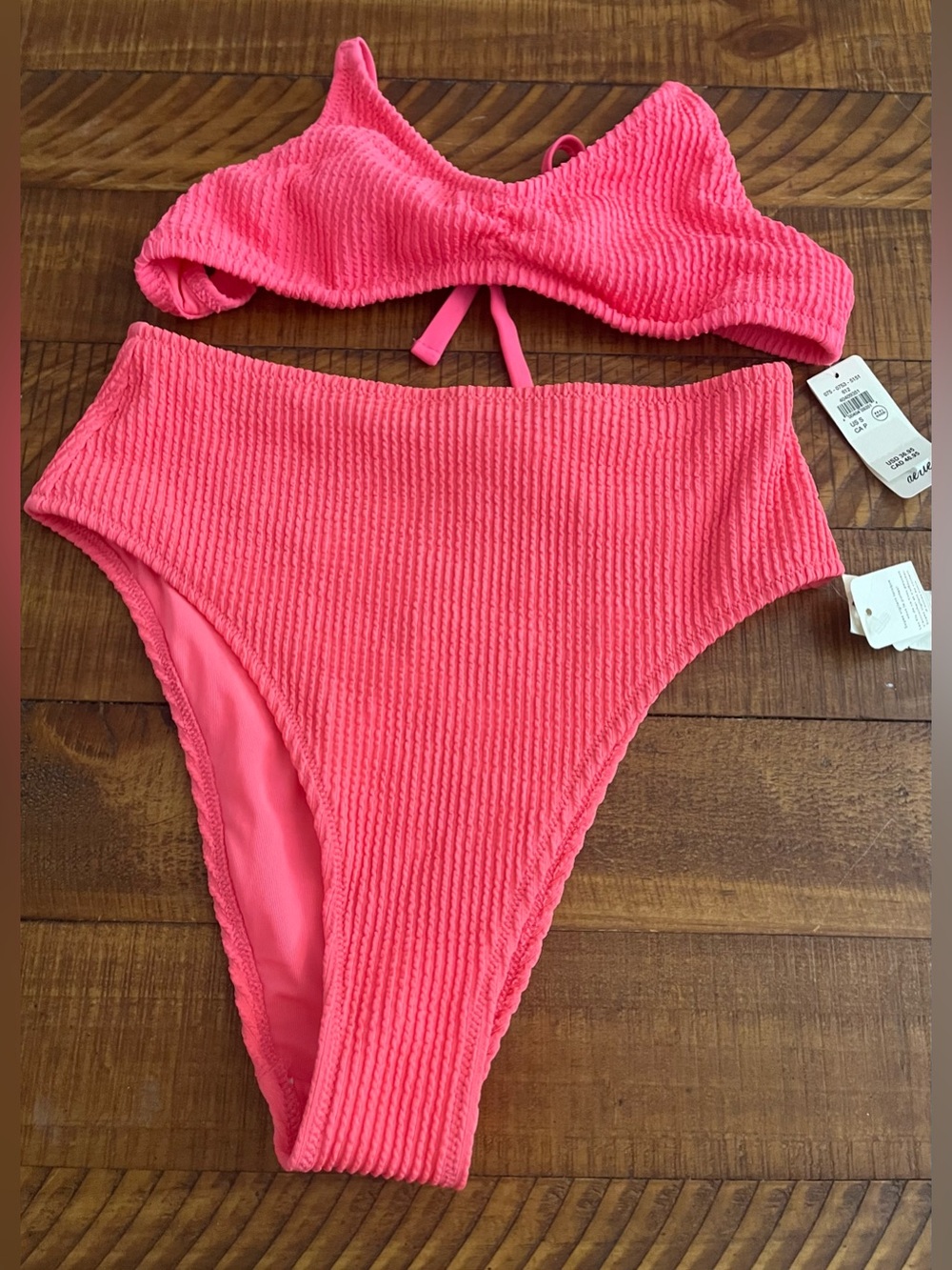 NWT Aerie FULL SET Crinkle Halter Voop Top + High Waisted Cheeky Bottom Coral S